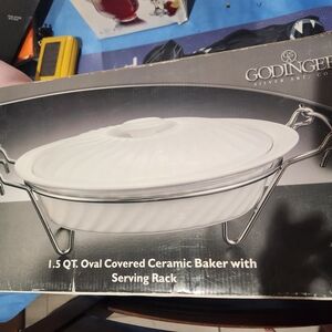 Godinger White Oval Ceramic Baker with Serving Rack
